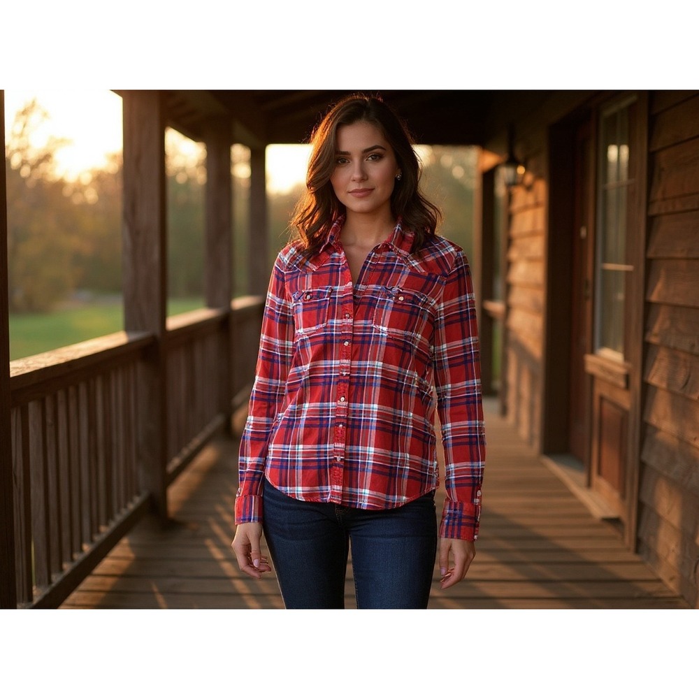 Hollister Red Blue Plaid‎ Button Up Western Shirt Women's Size L cozy winter